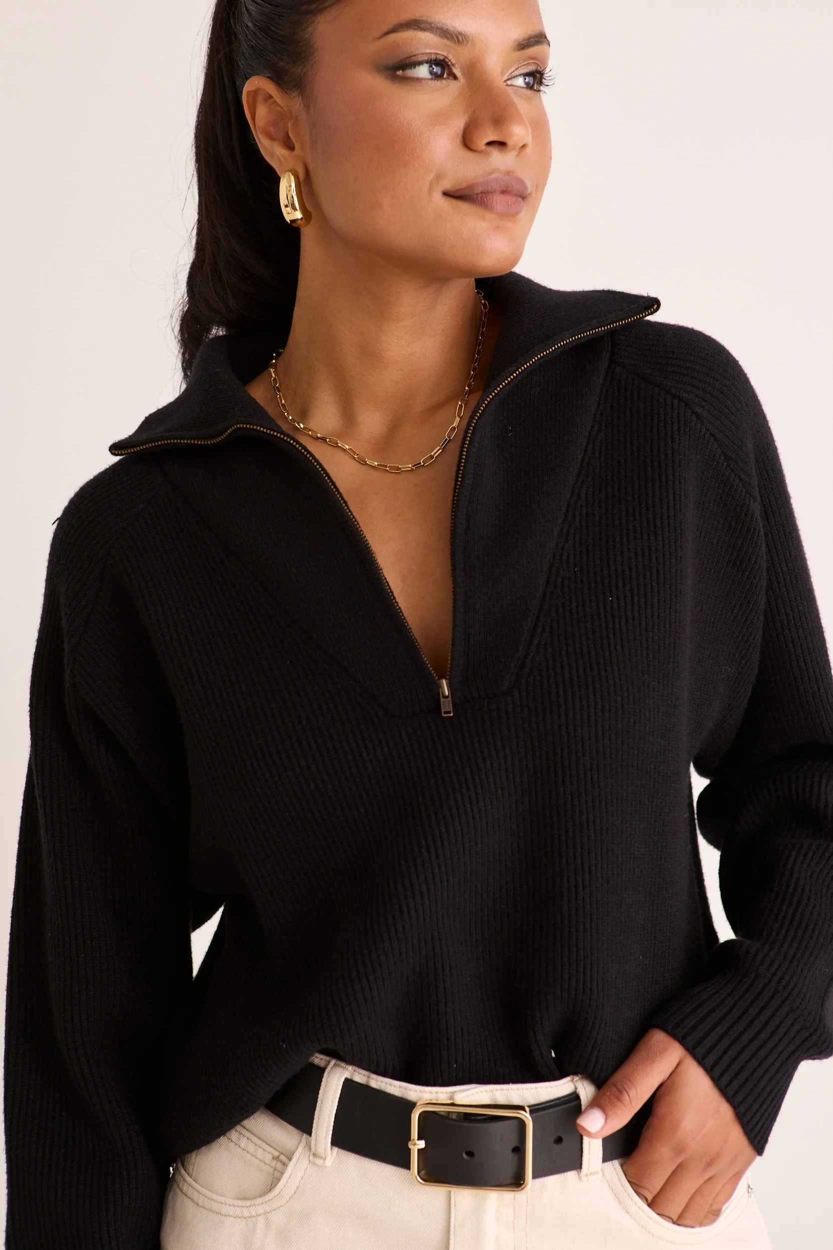 Alpine Black Zip Front Knit Jumper