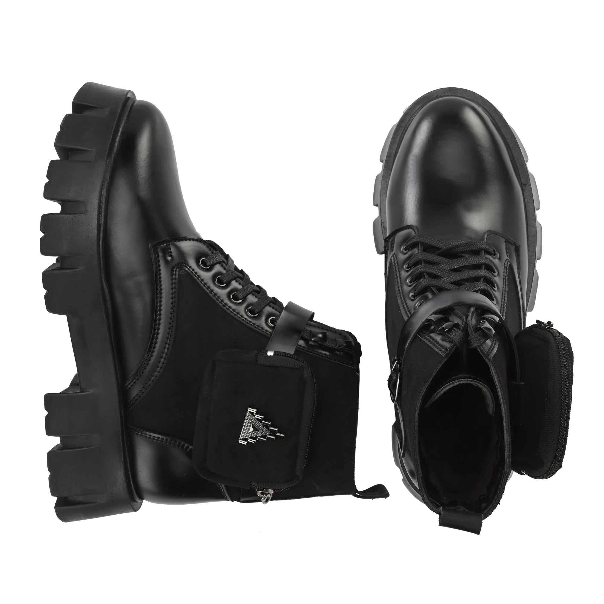 Attitudist Unisex Black Velvet Upper High Heels Pocket Boots