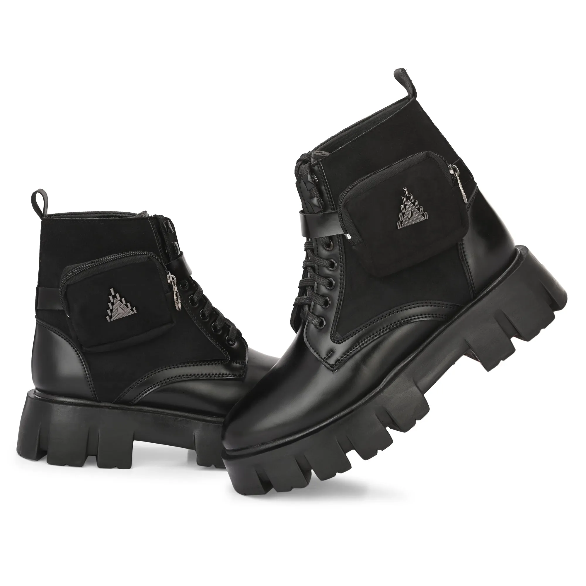 Attitudist Unisex Black Velvet Upper High Heels Pocket Boots