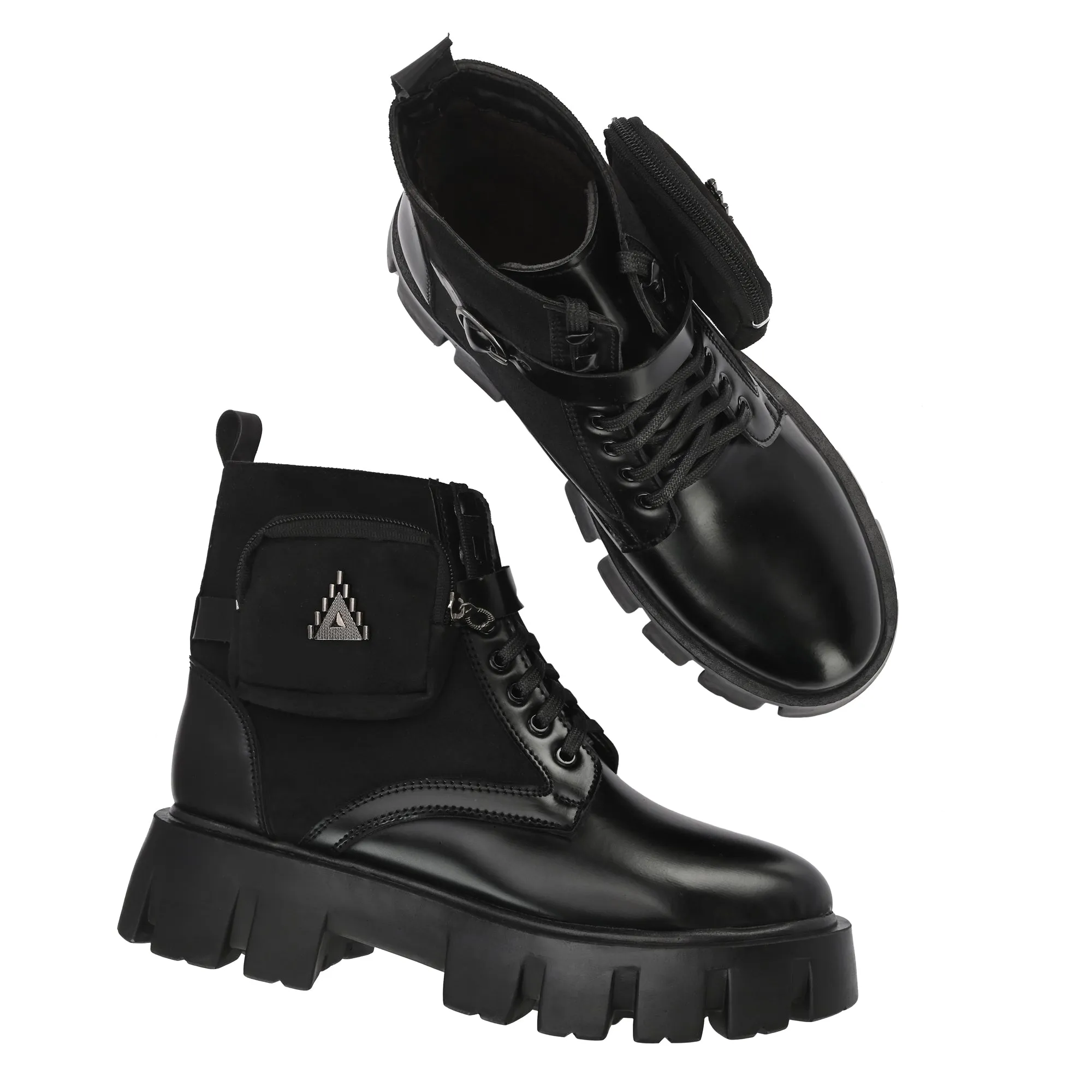 Attitudist Unisex Black Velvet Upper High Heels Pocket Boots