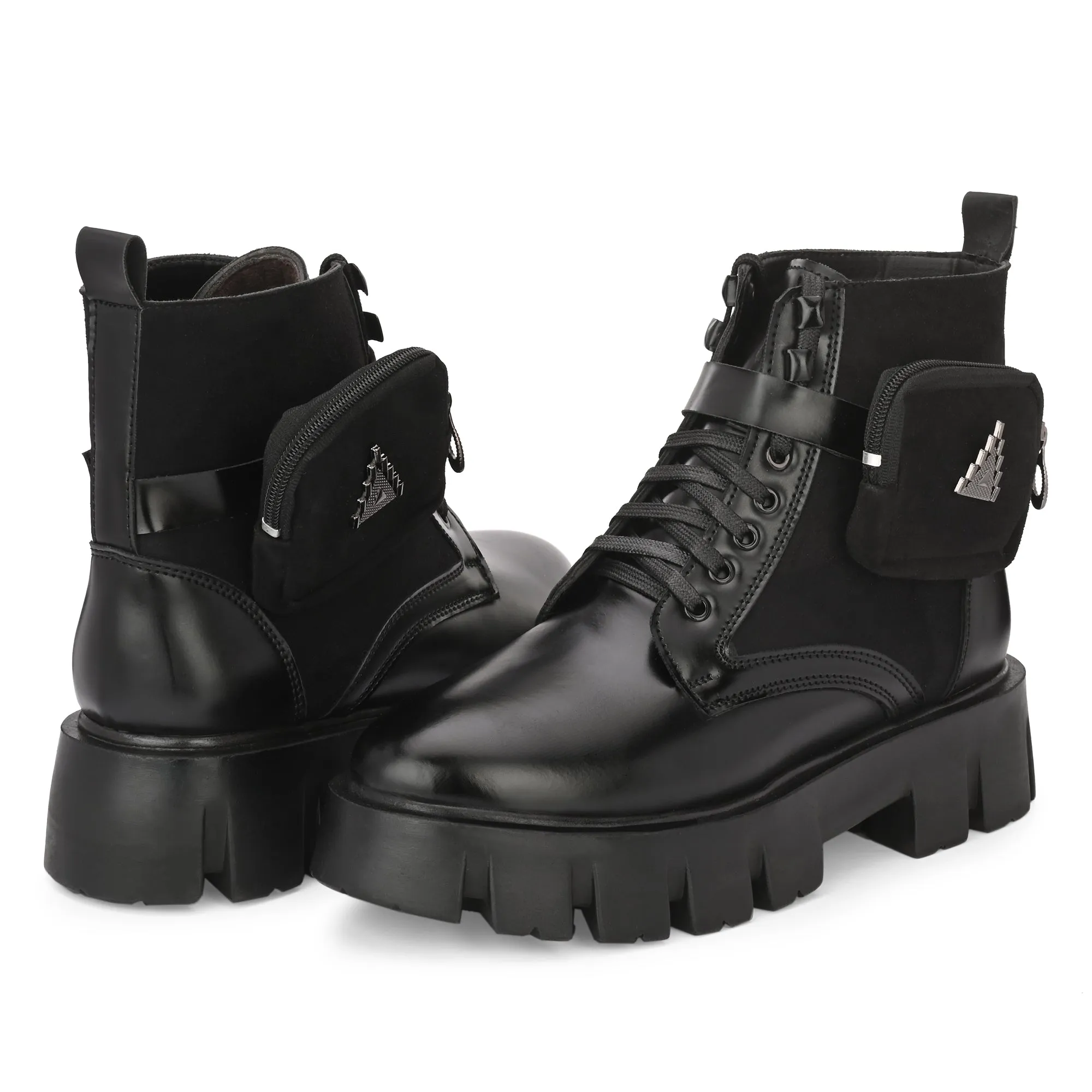 Attitudist Unisex Black Velvet Upper High Heels Pocket Boots