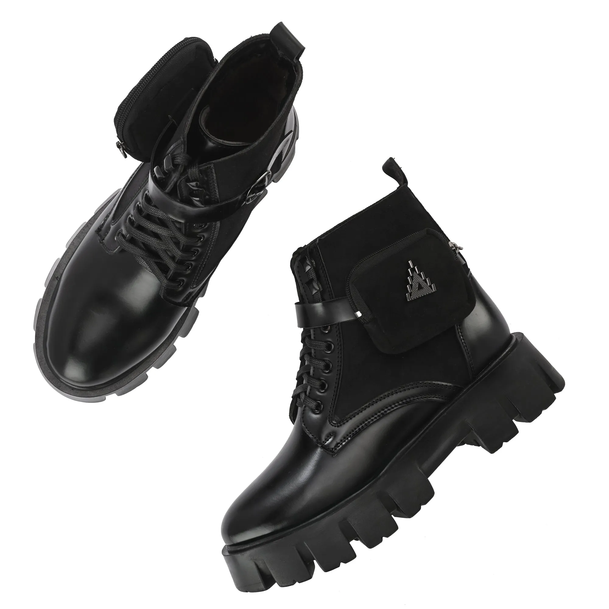 Attitudist Unisex Black Velvet Upper High Heels Pocket Boots