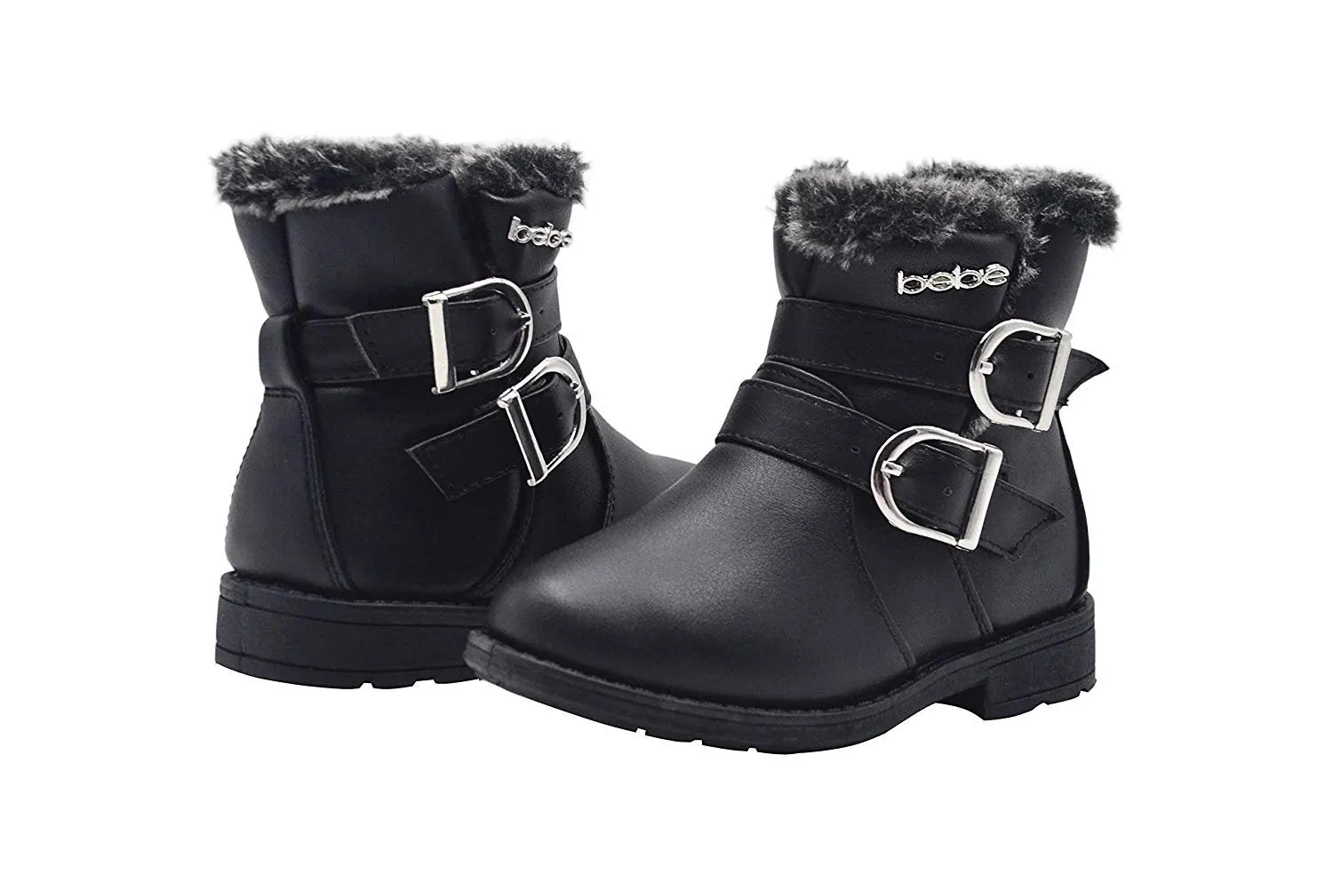 bebe Toddler Girls Little Kid Easy Pull On Mid Calf Winter Boots with Faux Fur Trim and Buckles