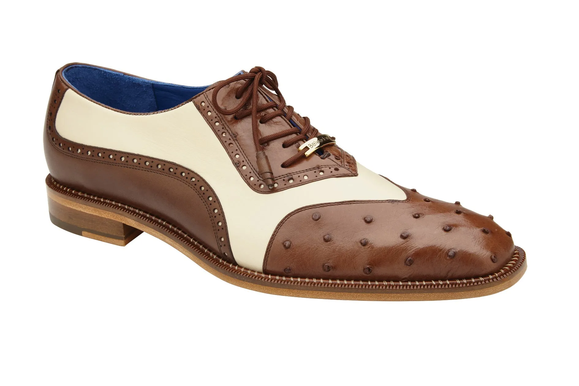 Belvedere - Sesto, Genuine Ostrich Quill and Italian Leather Wing Tip Dress Shoe - Brown/Cream - R54