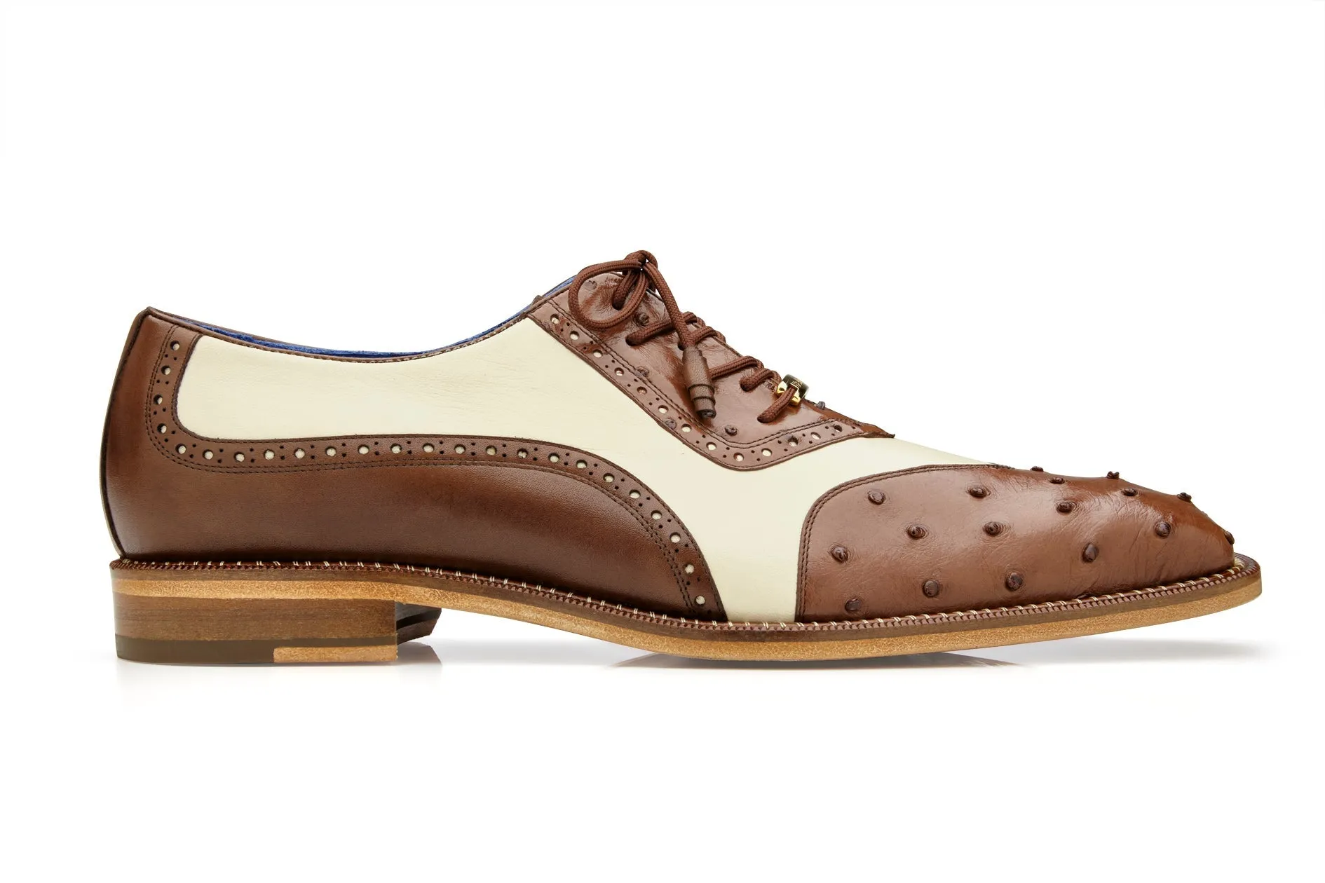 Belvedere - Sesto, Genuine Ostrich Quill and Italian Leather Wing Tip Dress Shoe - Brown/Cream - R54