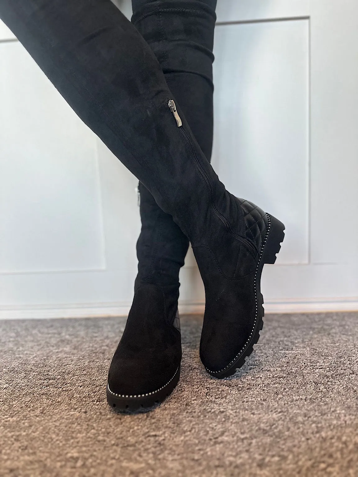 Black Knee High Stud Detail Boots