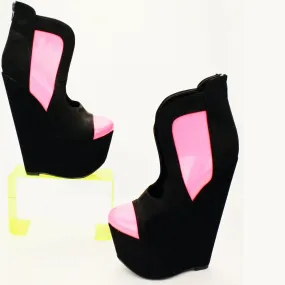 Black Pink Slit Ankle 16 cm Heel Wedge Booties