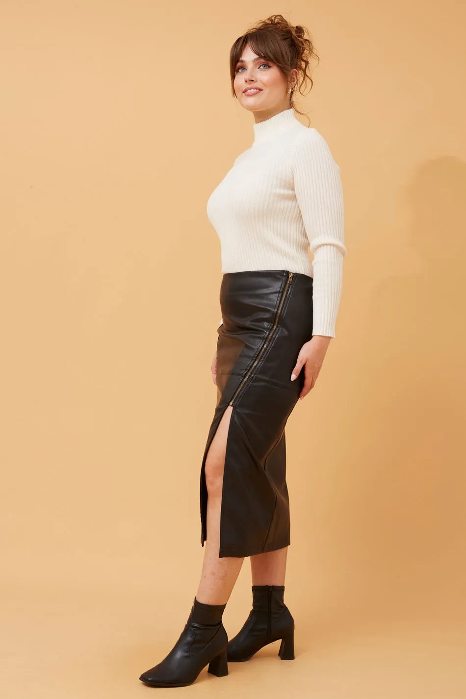 CARITA LEATHER MIDI SKIRT