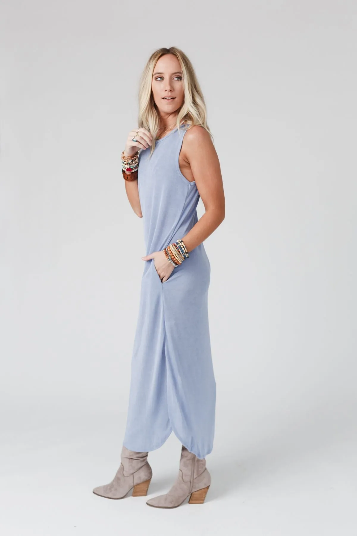 Cassie Sleeveless Pocket Slinky Maxi Dress - Light Blue