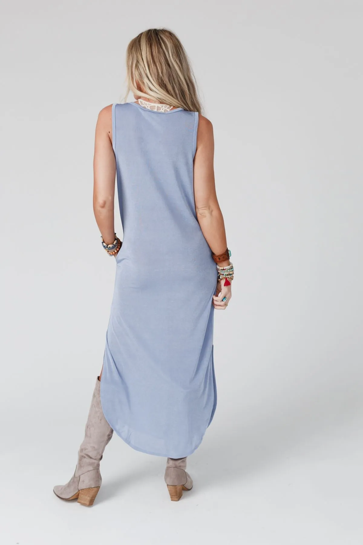 Cassie Sleeveless Pocket Slinky Maxi Dress - Light Blue