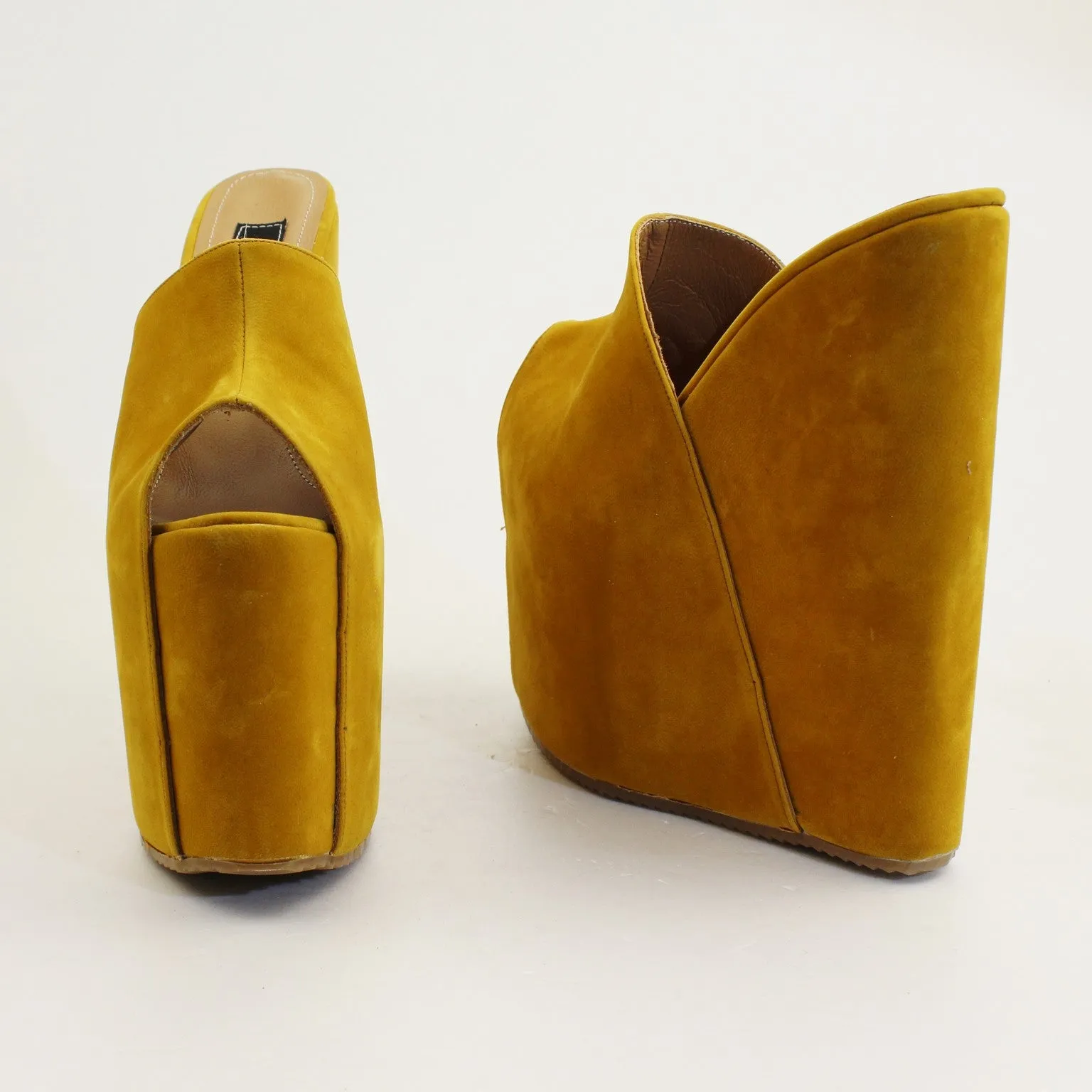 Dark Yellow Faux Suede Peep Toe High Heel Wedge Mules