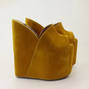 Dark Yellow Faux Suede Peep Toe High Heel Wedge Mules