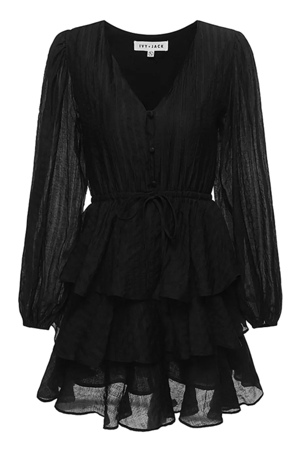 Evita Black LS V Neck Mini Tiered Dress