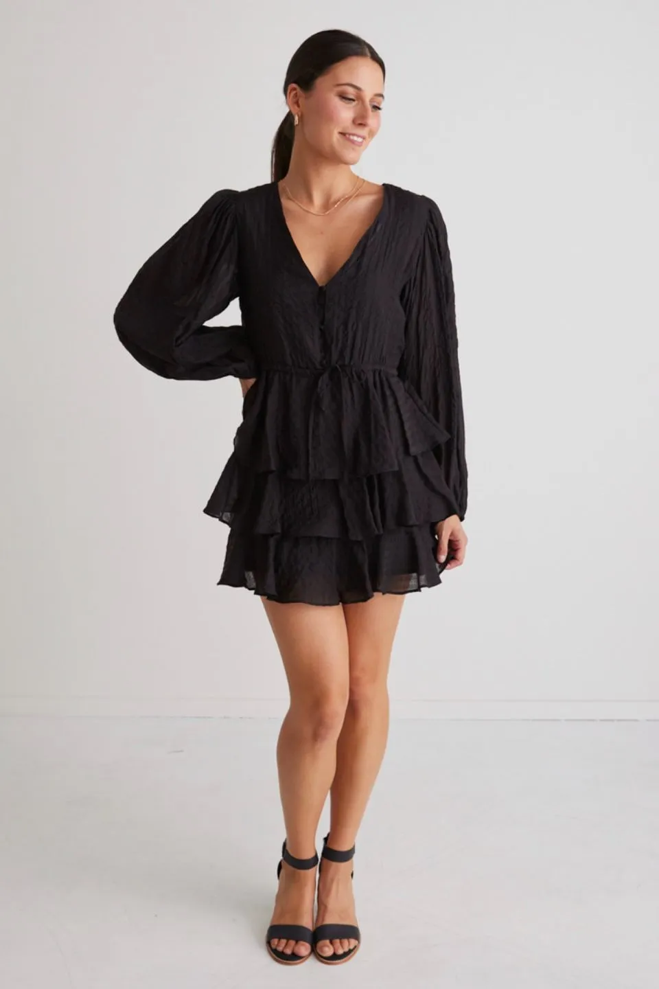 Evita Black LS V Neck Mini Tiered Dress