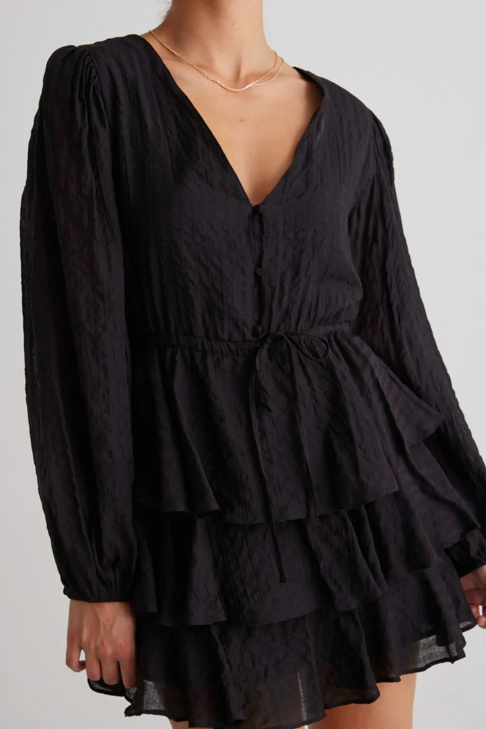 Evita Black LS V Neck Mini Tiered Dress