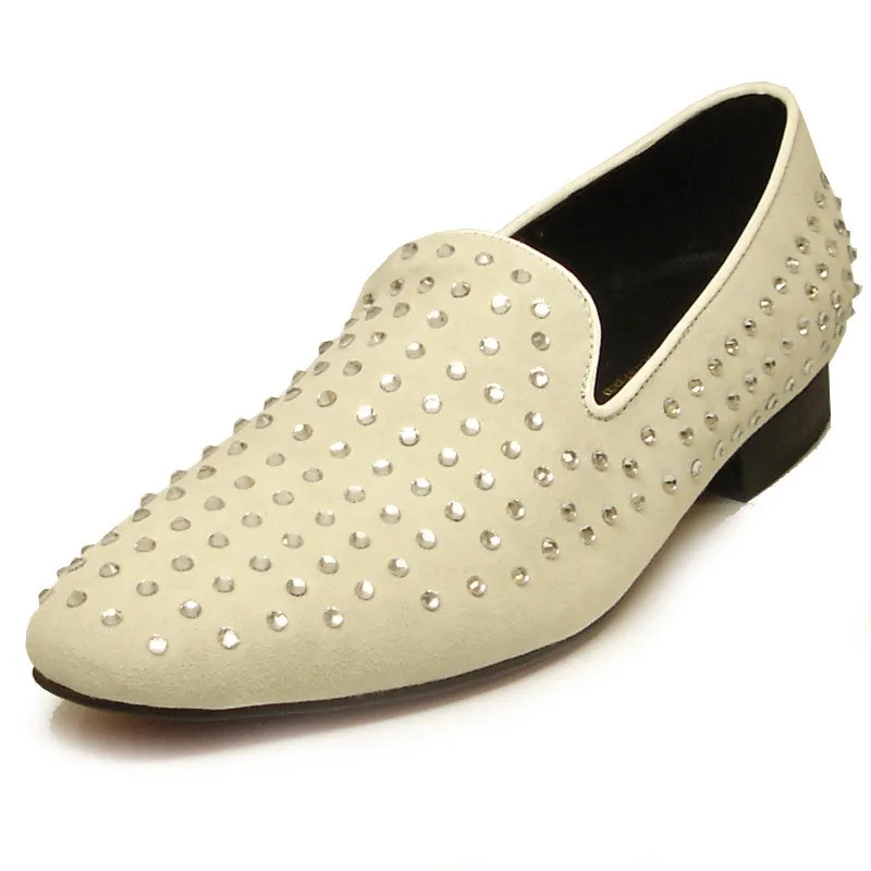 Fiesso by Aurelio Garcia Off White Rhinestones Suede Dress Shoes FI 6853