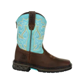 'Georgia Boot' Youth 8" Carbo-Tec Western Square Toe - Brown / Turquoise (Sizes 3.5Y-6Y)