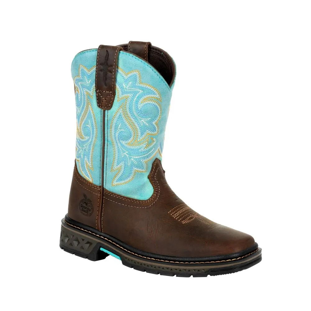 'Georgia Boot' Youth 8" Carbo-Tec Western Square Toe - Brown / Turquoise (Sizes 3.5Y-6Y)