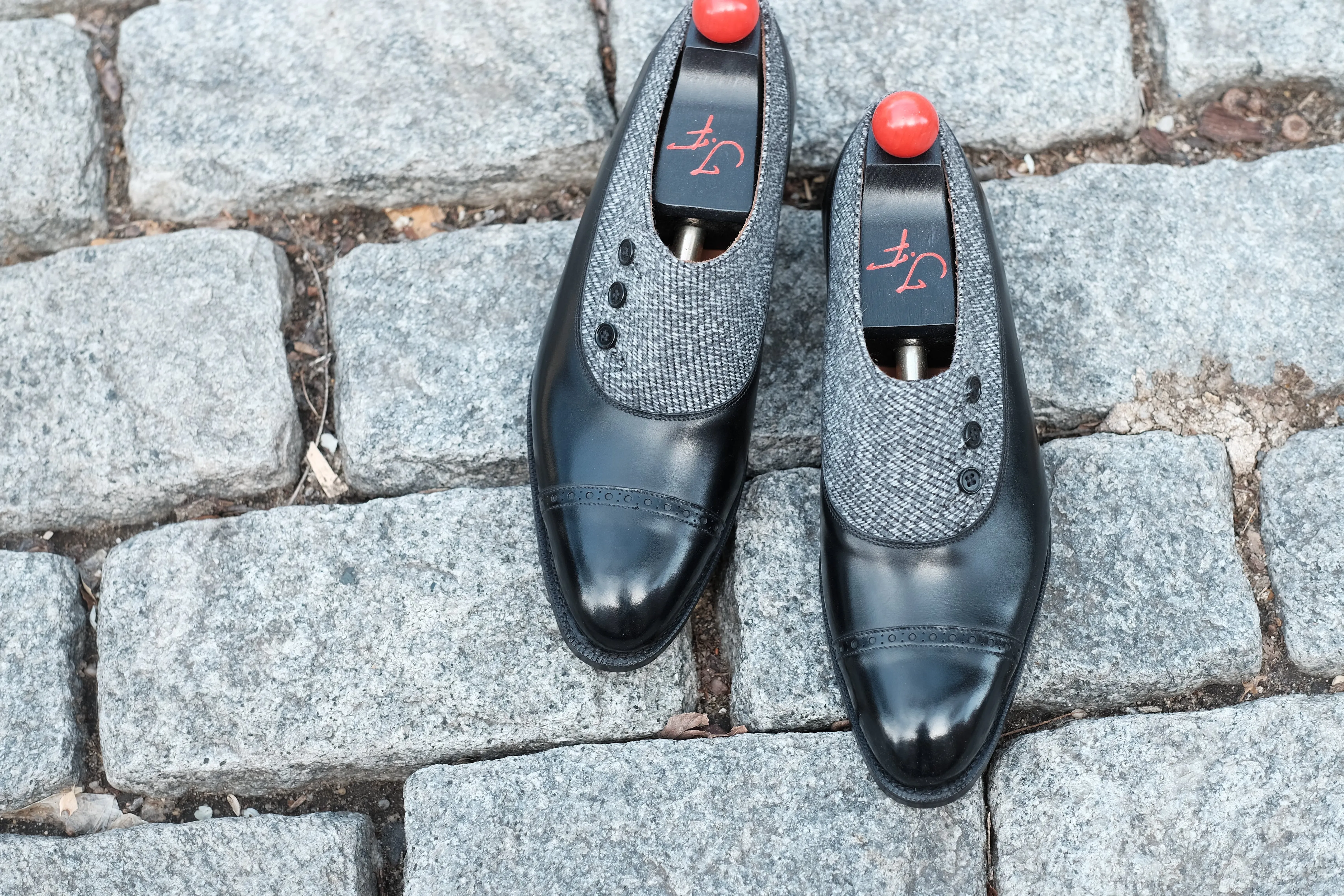 Optimized Title: Kingston MTO Black Calf Leather Shoes with Grey Poulsbo Detailing - NGT Last - Single Leather Sole