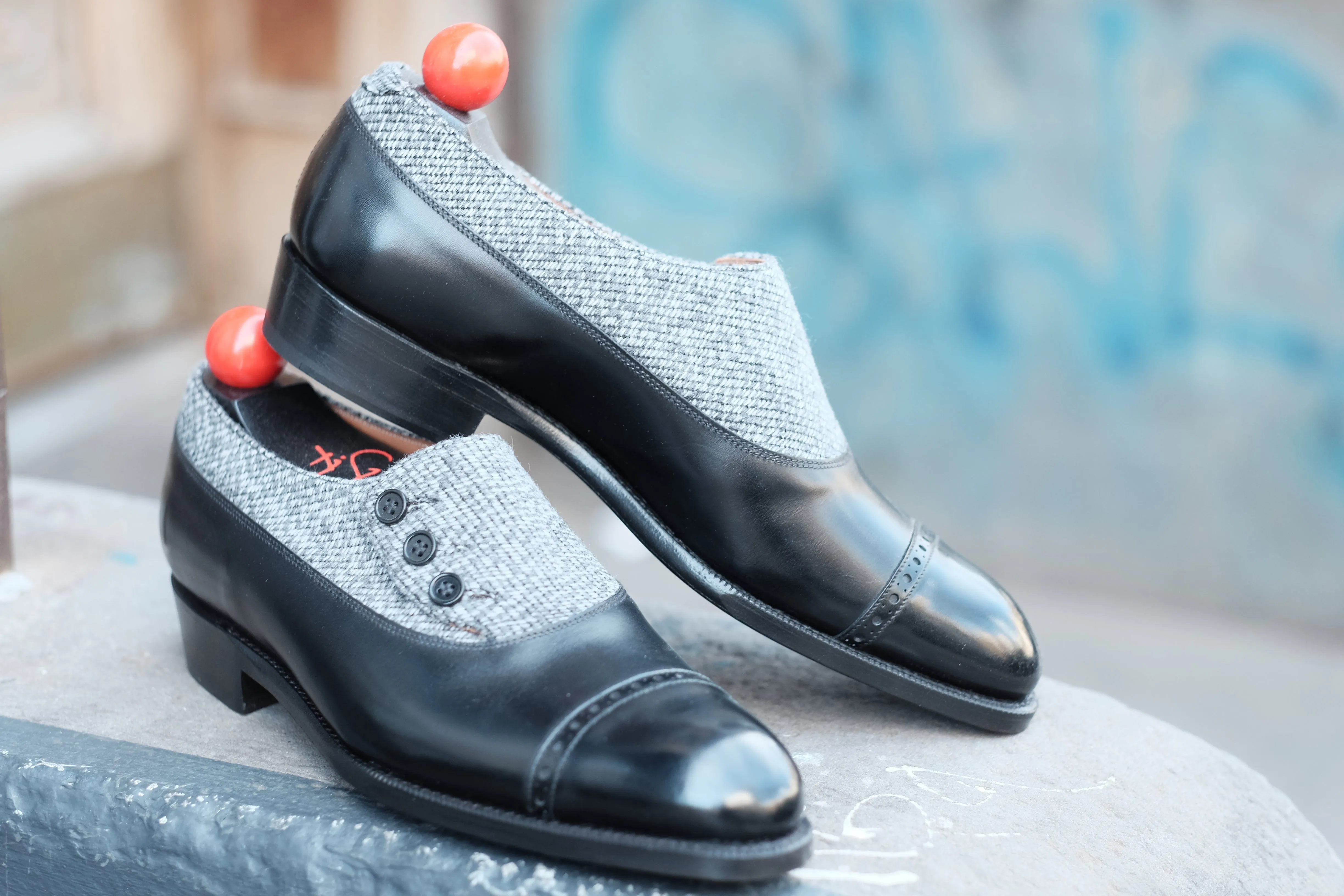 Optimized Title: Kingston MTO Black Calf Leather Shoes with Grey Poulsbo Detailing - NGT Last - Single Leather Sole