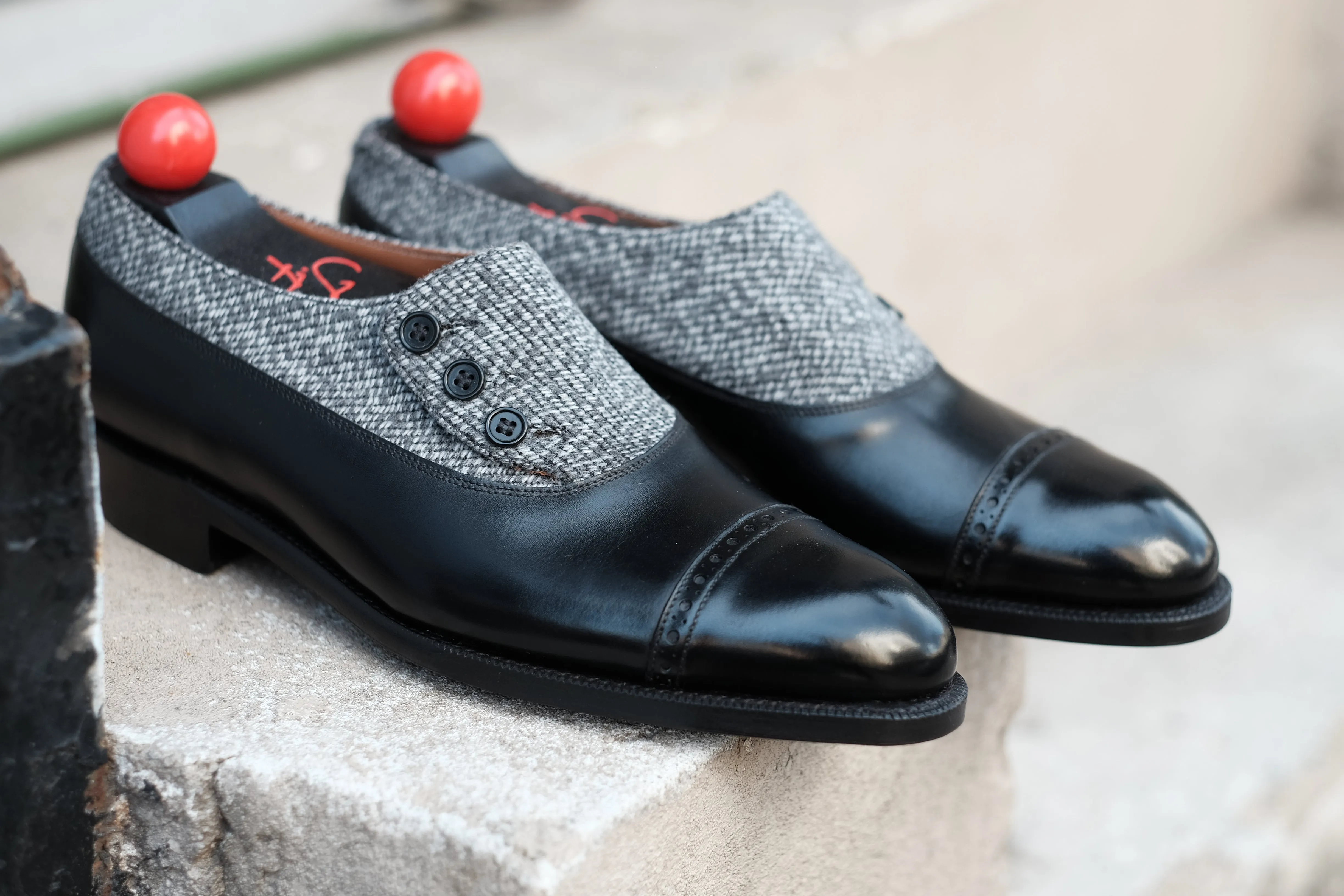 Optimized Title: Kingston MTO Black Calf Leather Shoes with Grey Poulsbo Detailing - NGT Last - Single Leather Sole