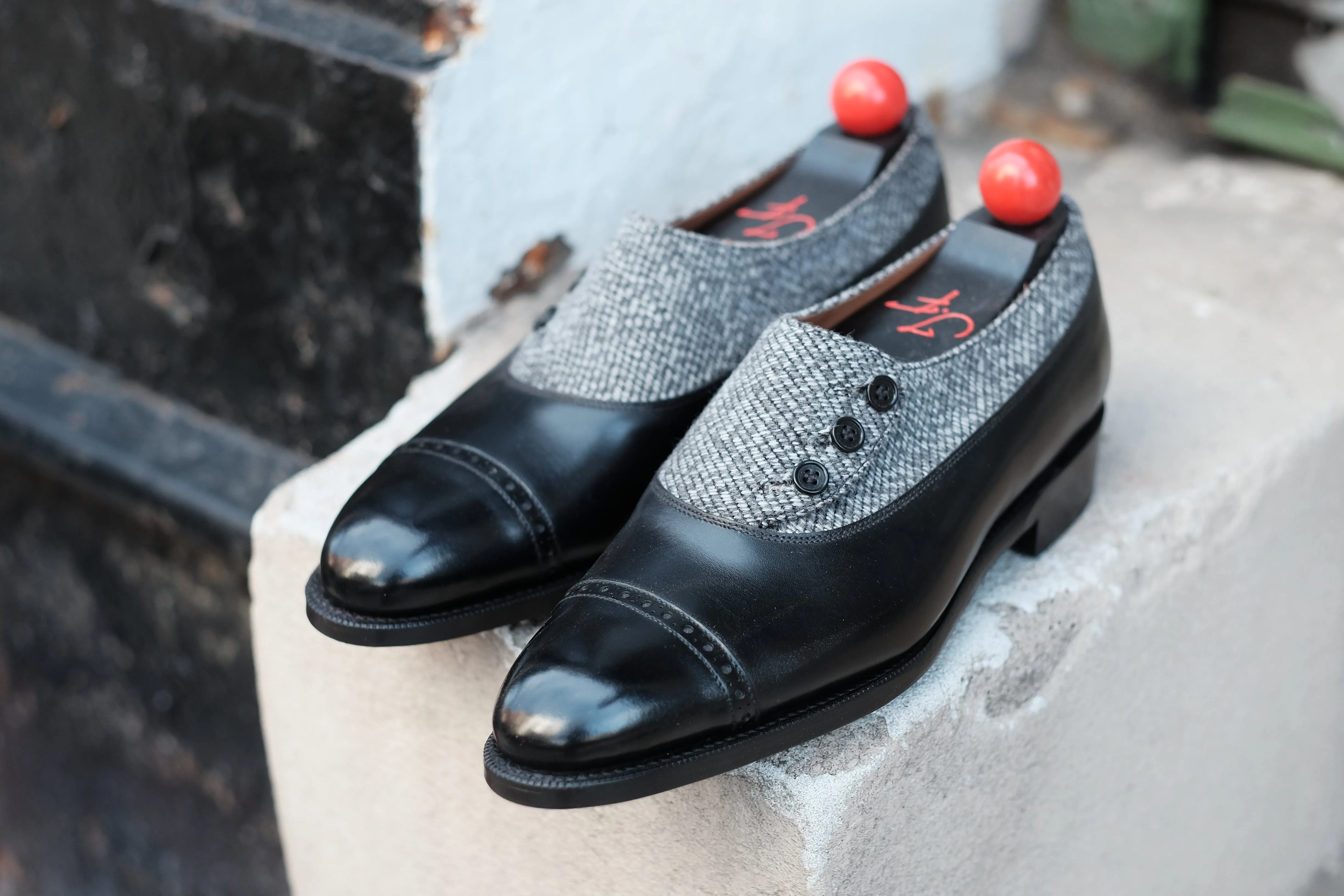 Optimized Title: Kingston MTO Black Calf Leather Shoes with Grey Poulsbo Detailing - NGT Last - Single Leather Sole