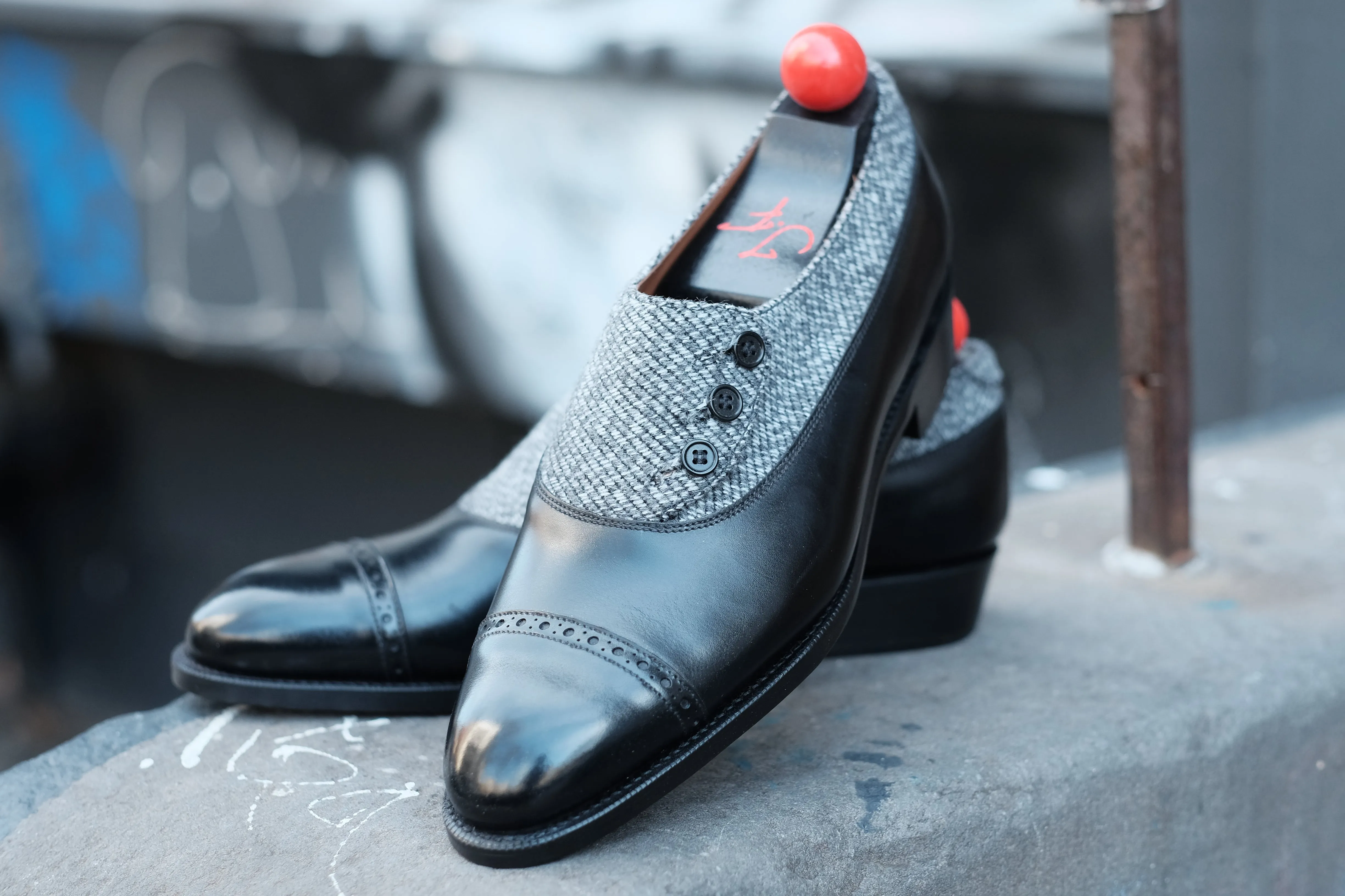 Optimized Title: Kingston MTO Black Calf Leather Shoes with Grey Poulsbo Detailing - NGT Last - Single Leather Sole