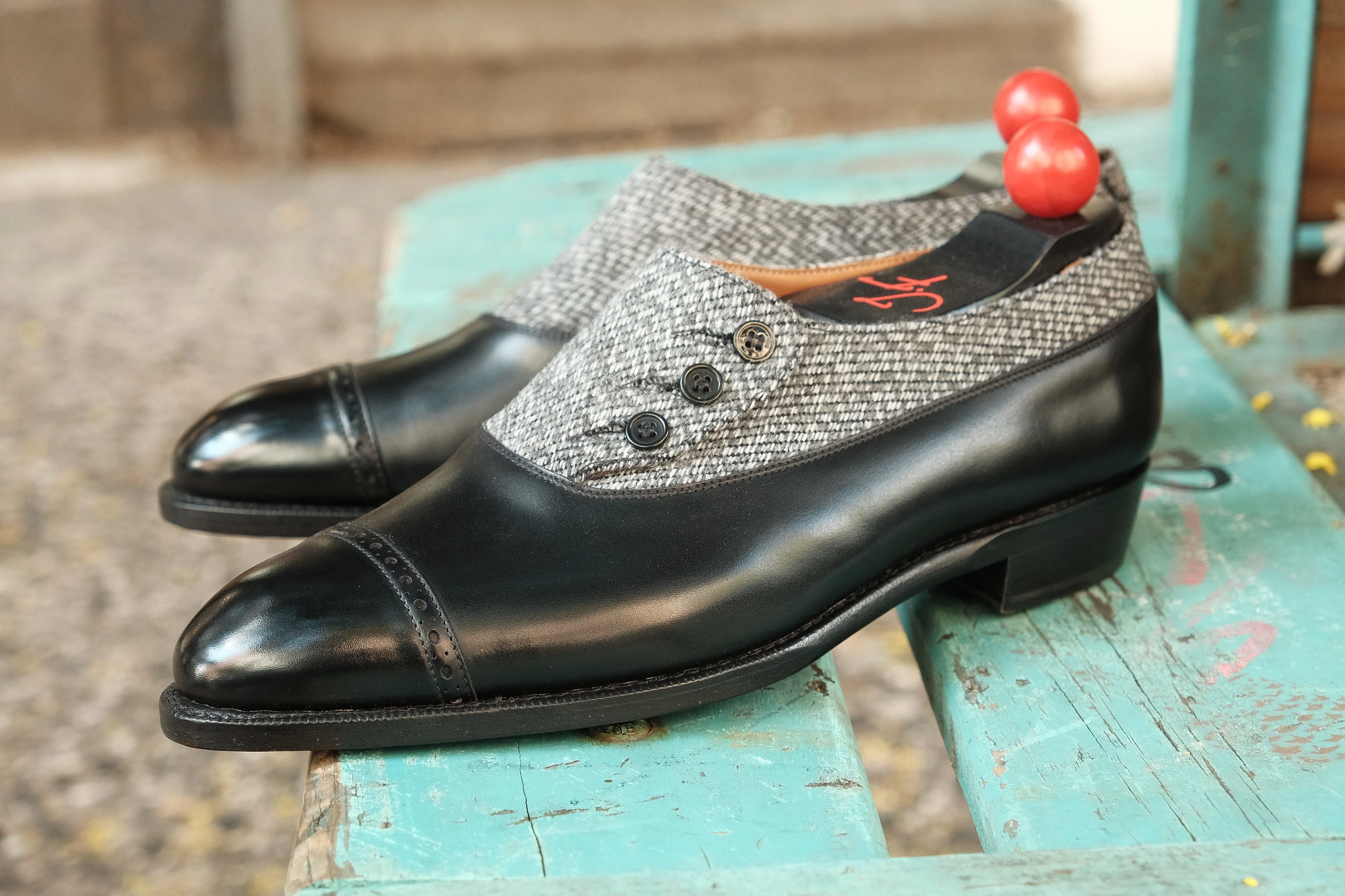 Optimized Title: Kingston MTO Black Calf Leather Shoes with Grey Poulsbo Detailing - NGT Last - Single Leather Sole