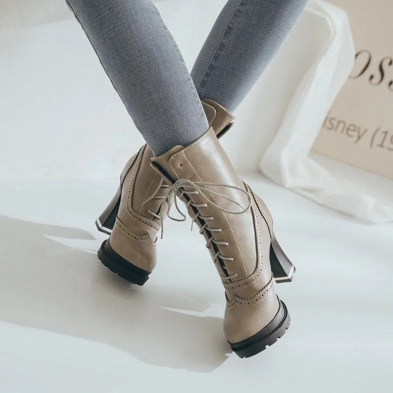 Lace up brogue british style high heels boots