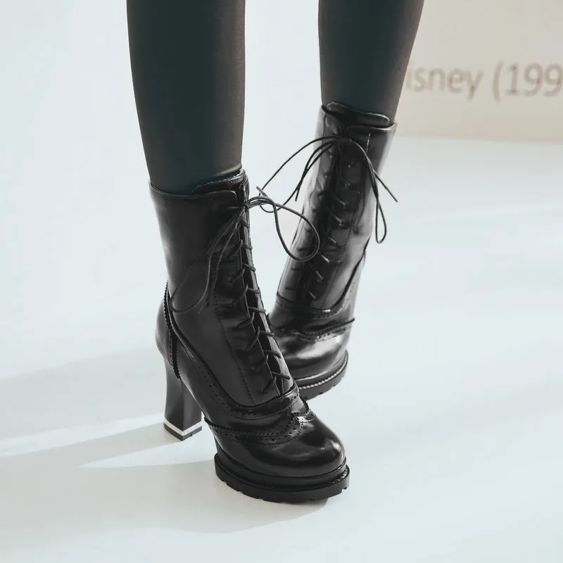 Lace up brogue british style high heels boots