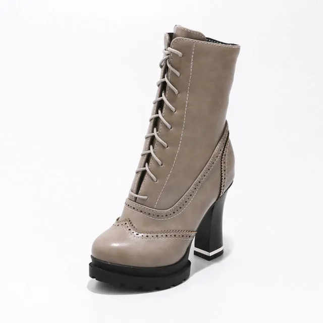 Lace up brogue british style high heels boots