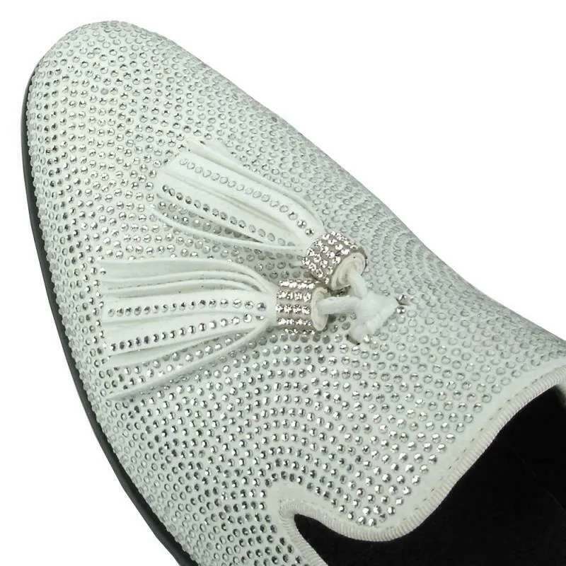 Men's Fiesso White Formal Prom Rhinestones Slip On Tassel Shoes FI 7285-2