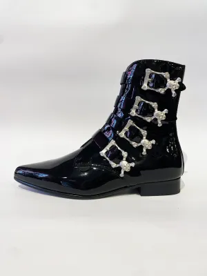 PECK BLACK PATENT LEATHER BOOTS W/ SKULL BUCKLES