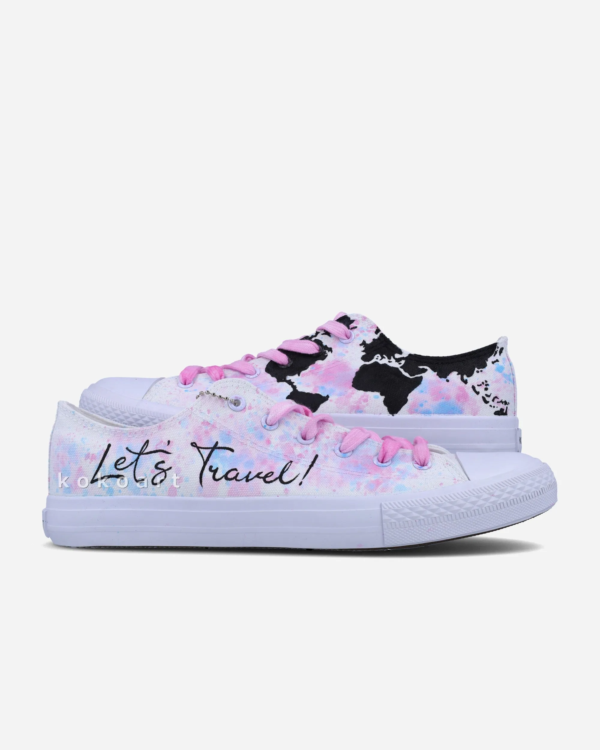 Hand-Painted Pink Watercolor Travel-Inspired Shoes – Unique and Artistic Footwear