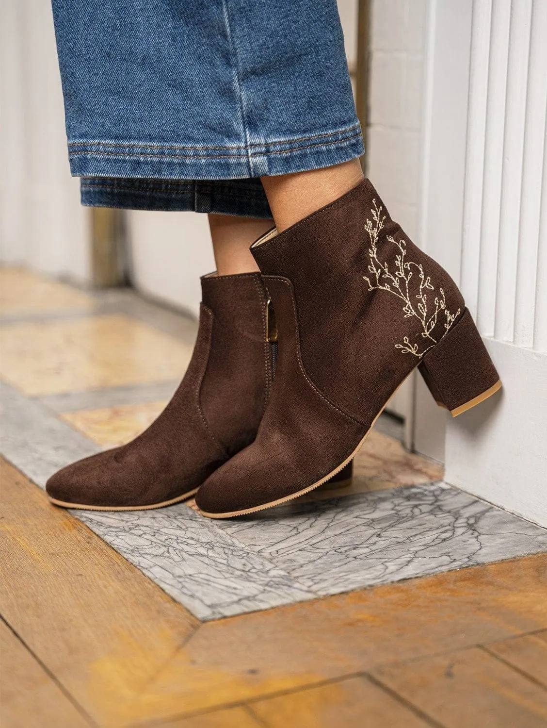 Primrose Vegan Suede Heeled Ankle Boots | Chocolate