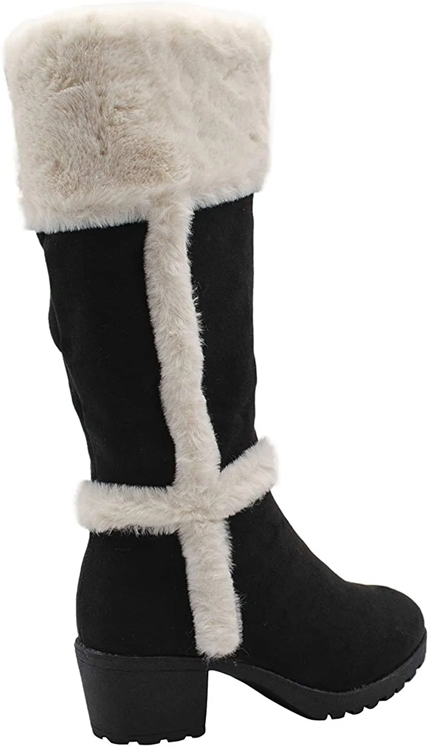 Rampage Girls' Big Kid Slip On Tall 11" Microsuede Winter Boots with Faux Fur Cuff and Trims Black Size 11