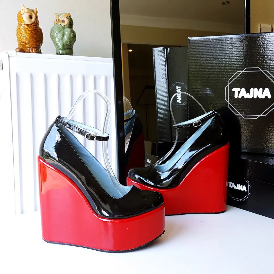 Red Black Patent Leather Ankle Strap Wedge Shoes