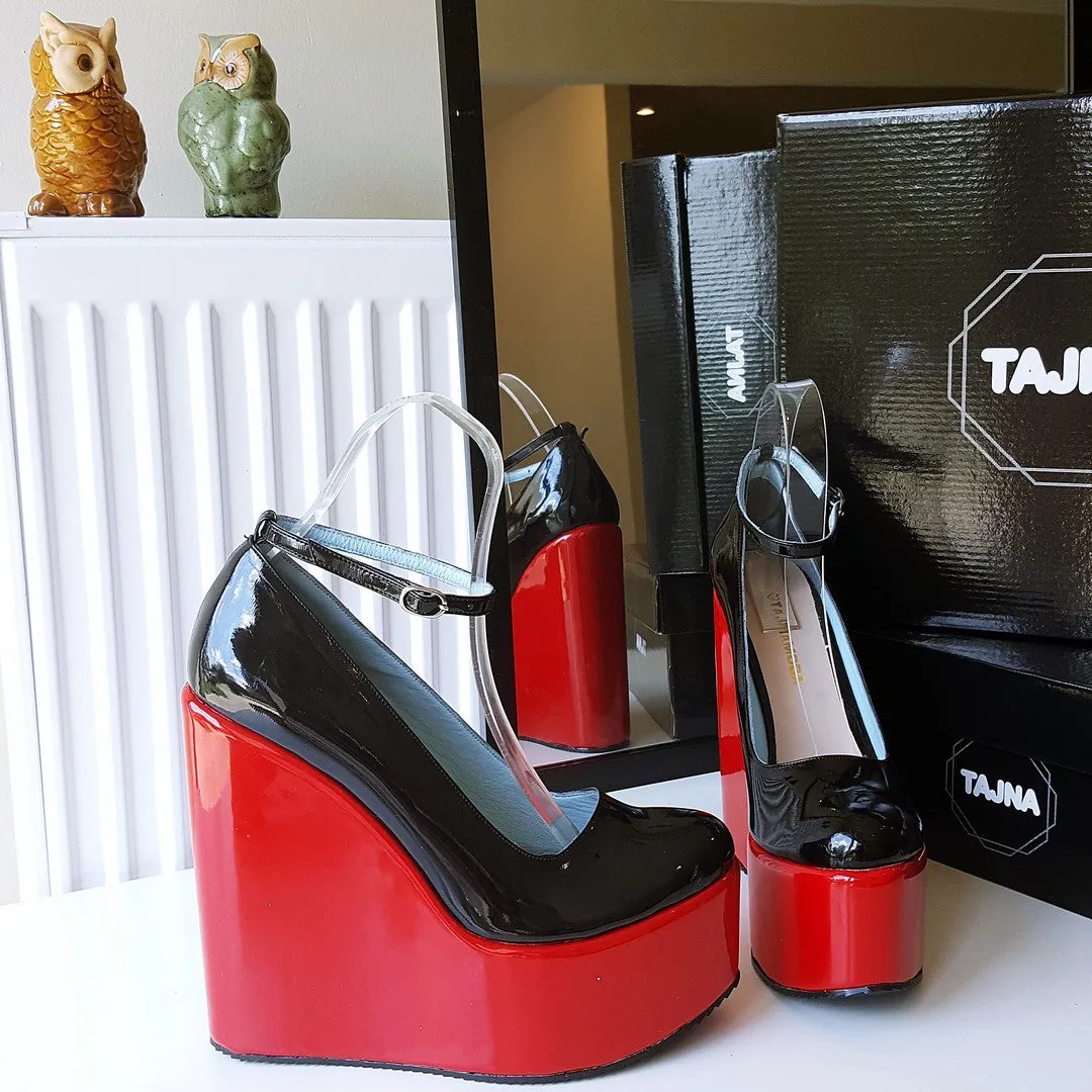 Red Black Patent Leather Ankle Strap Wedge Shoes