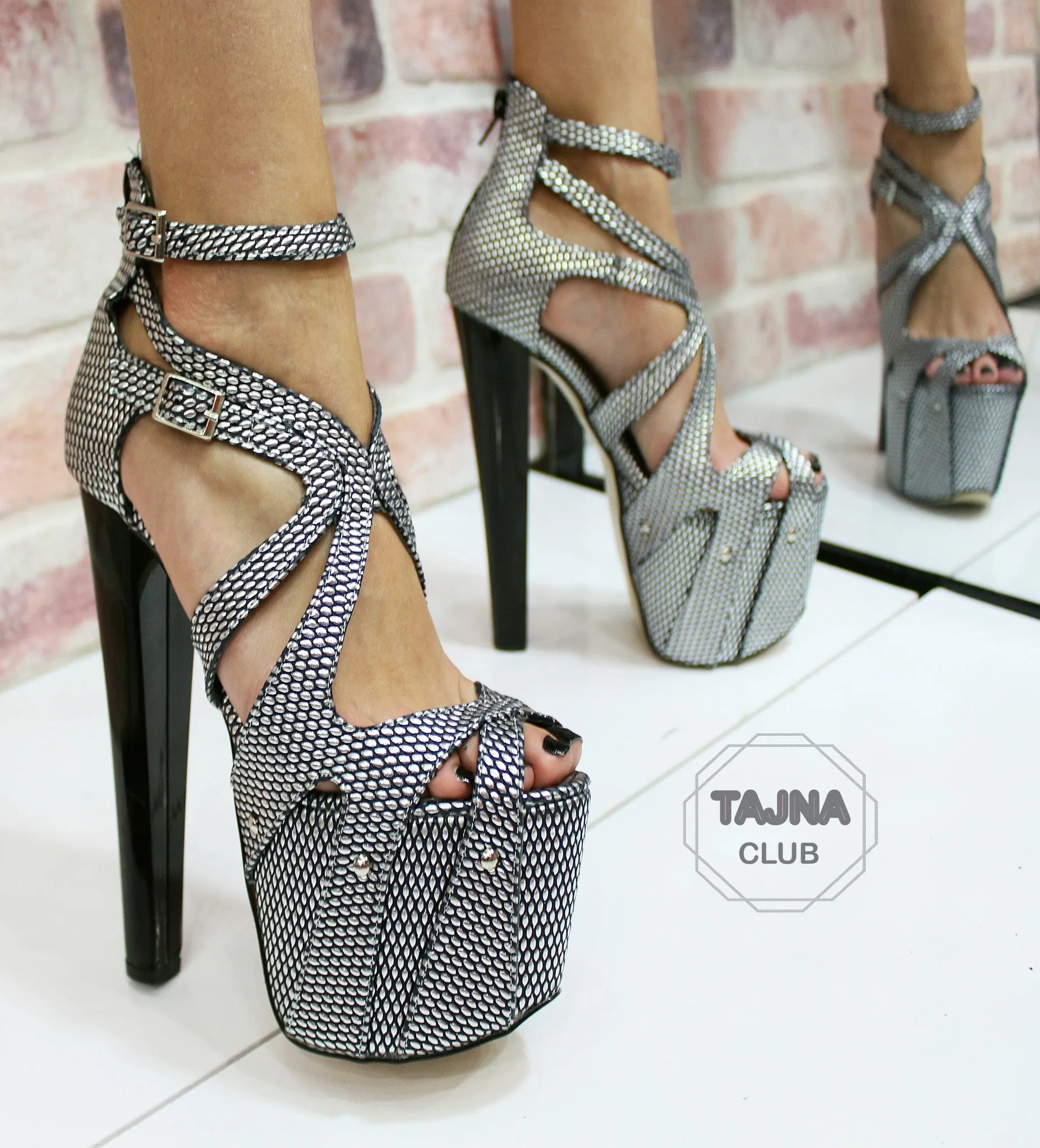 Silver Printed Leather 19 cm High Heel Platform Cage Shoes