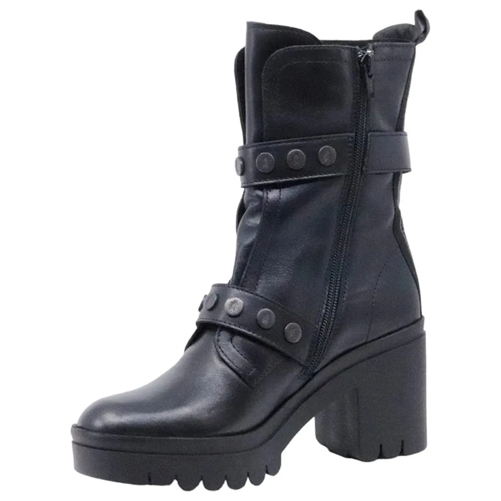 Tama888Fly Leather Women's Block Heel Zip Up Ankle Boots