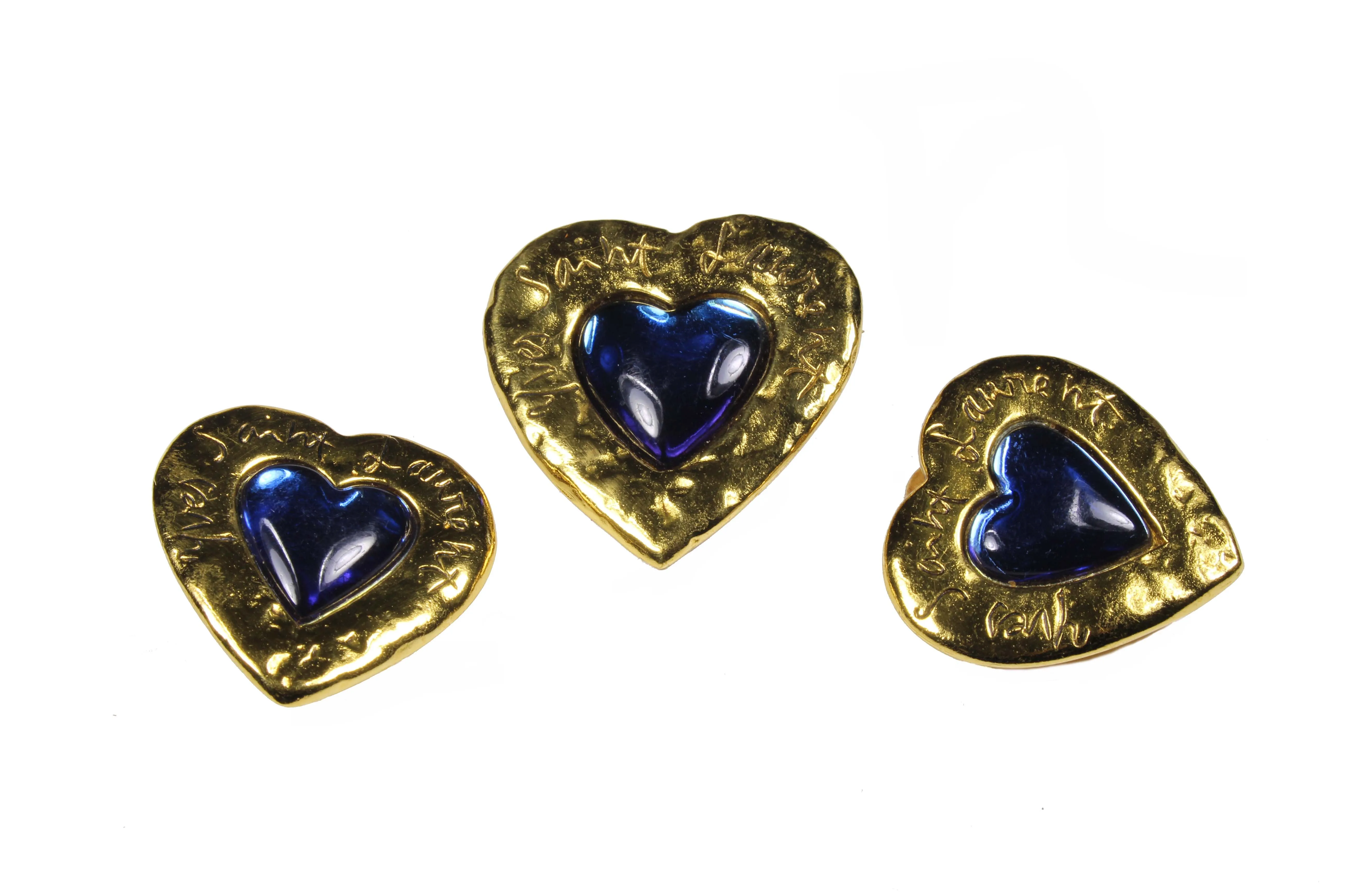 YVES SAINT LAURENT blue heart brooch earrings set